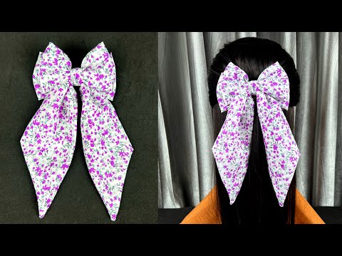 Beautiful Bow with Long Tail. Chiffon fabric Bow Clip. How to make Bow Hair Clip.