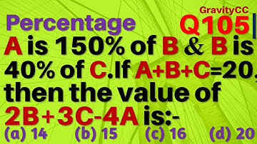 Q105 | A is 150% of B and B is 40% of C. If A+B+C=20, then the value of 2B+3C-4A is equal to:-