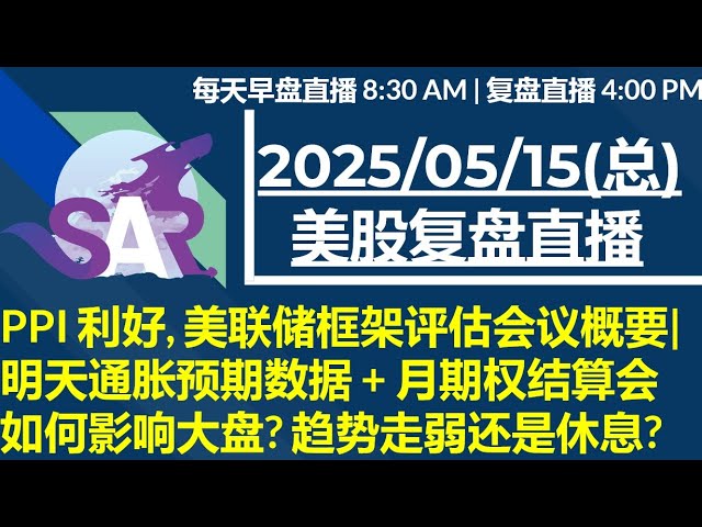 美股直播05/15[复盘] PPI 利好, 美联储框架评估会议概要| 明天通胀预期数据 + 月期权结算会如何影响大盘? 趋势走弱还是休息?