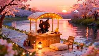 Black Cat's Cherry Blossom Café 🌸 Cozy Lofi Music Sunset River ✨ Soft Lofi to Relaxing & Focus screenshot 1