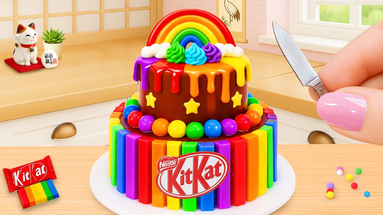 Mini 2 Tier Rainbow Kitkat Cake 🌈🍫 ミニチョコレートケーキの簡単レシピ   💖 Tiny Joy Japan