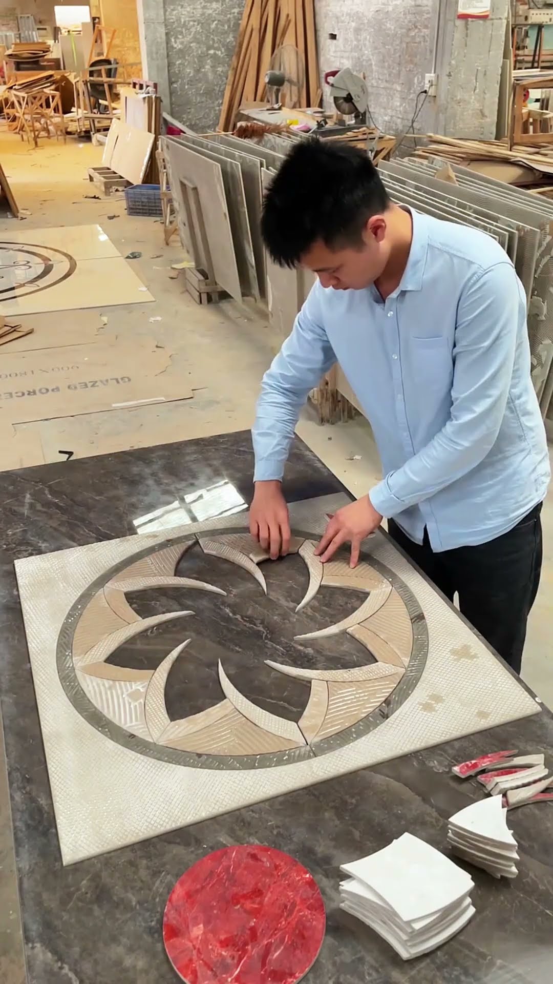 Water knife parquet tile assembly process- Good tools and machinery make work easy