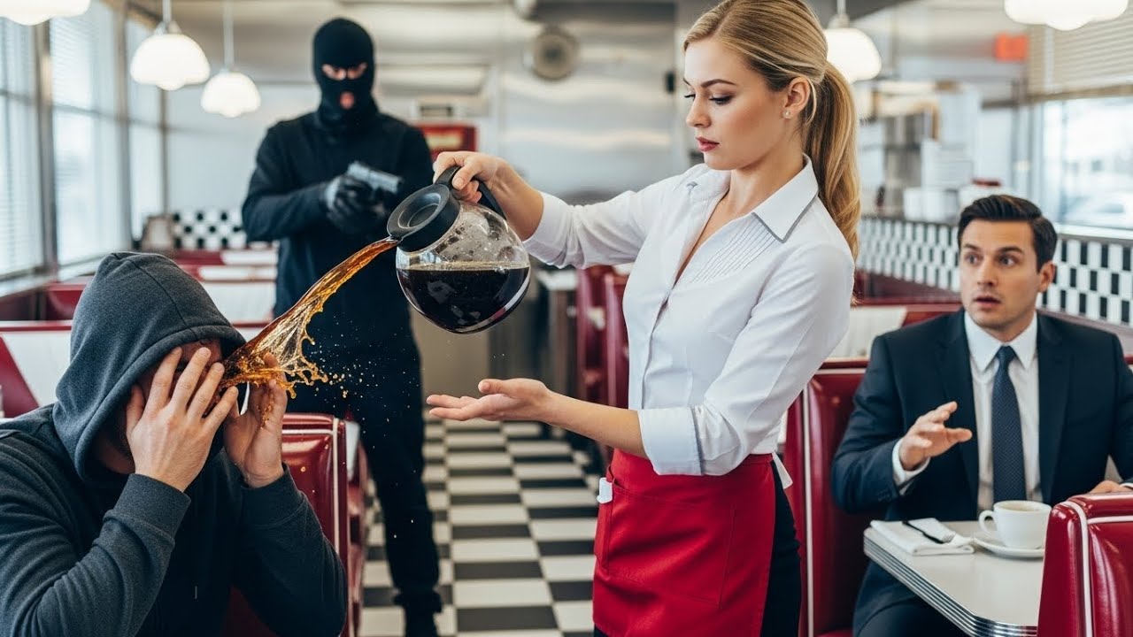 Waitress saves billionaire CEO during robbery—next day, four SUVs pulled up to her diner.