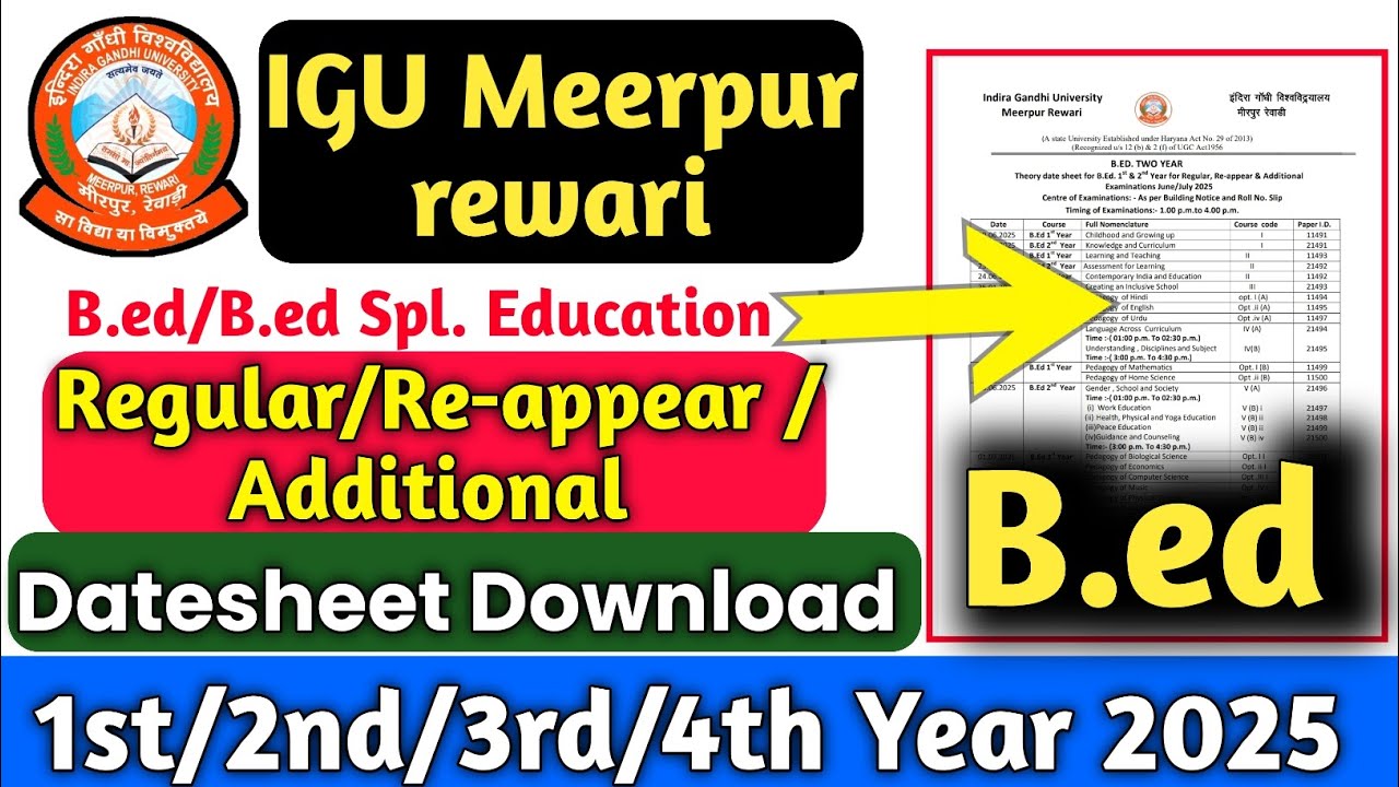 Igu Bed Regular/Re-appear datesheet 2025|Regular exam 2025 |Igu datesheet kaise download kare 2025