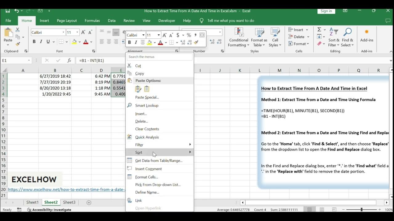 How to extract time from a date and time in excel youtube