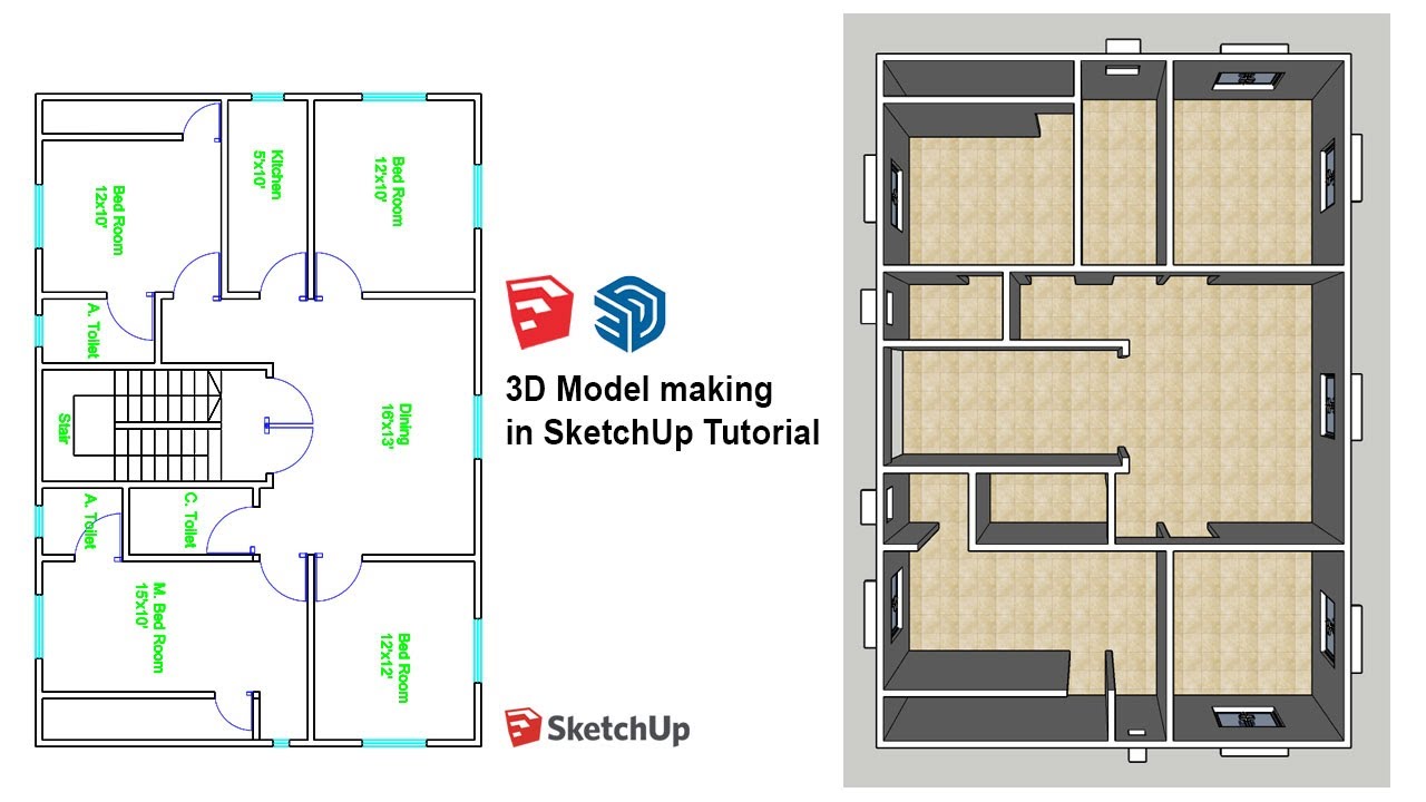 Architectural Floor Plan to 3D Model making in SketchUp 2022 Tutorial ...