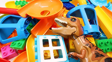 Satisfying Marble Run Building Blocks ASMR T Rex Dinosaur and Marbles