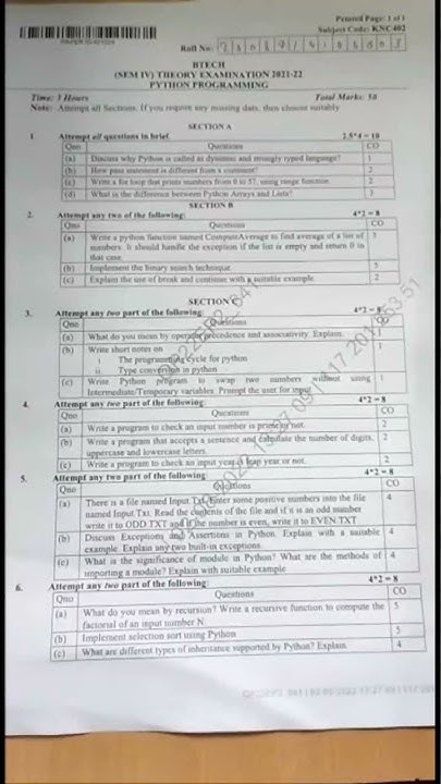 AKTU Python Programming Question Paper || BTECH 4rth Semester Python ...