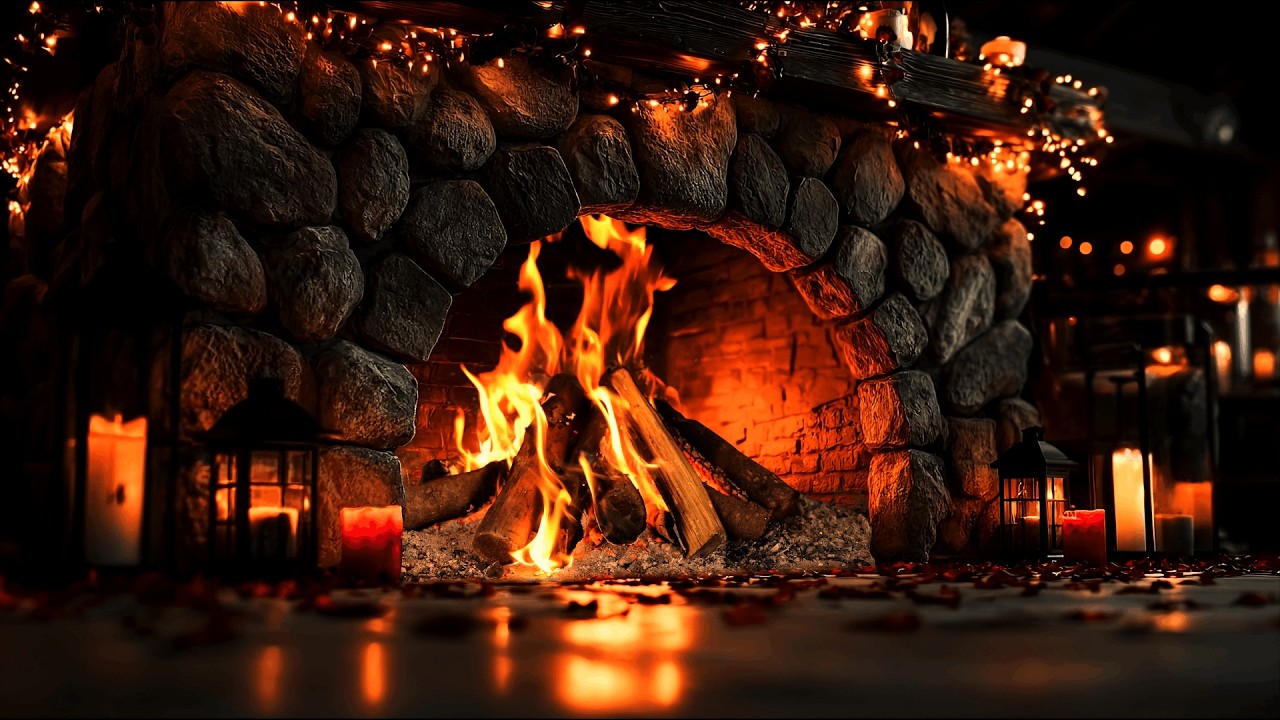 Rustic Cozy Cabin Fireplace Ambience 4K (12 Hours) with Soft Crackling Logs for Relaxation