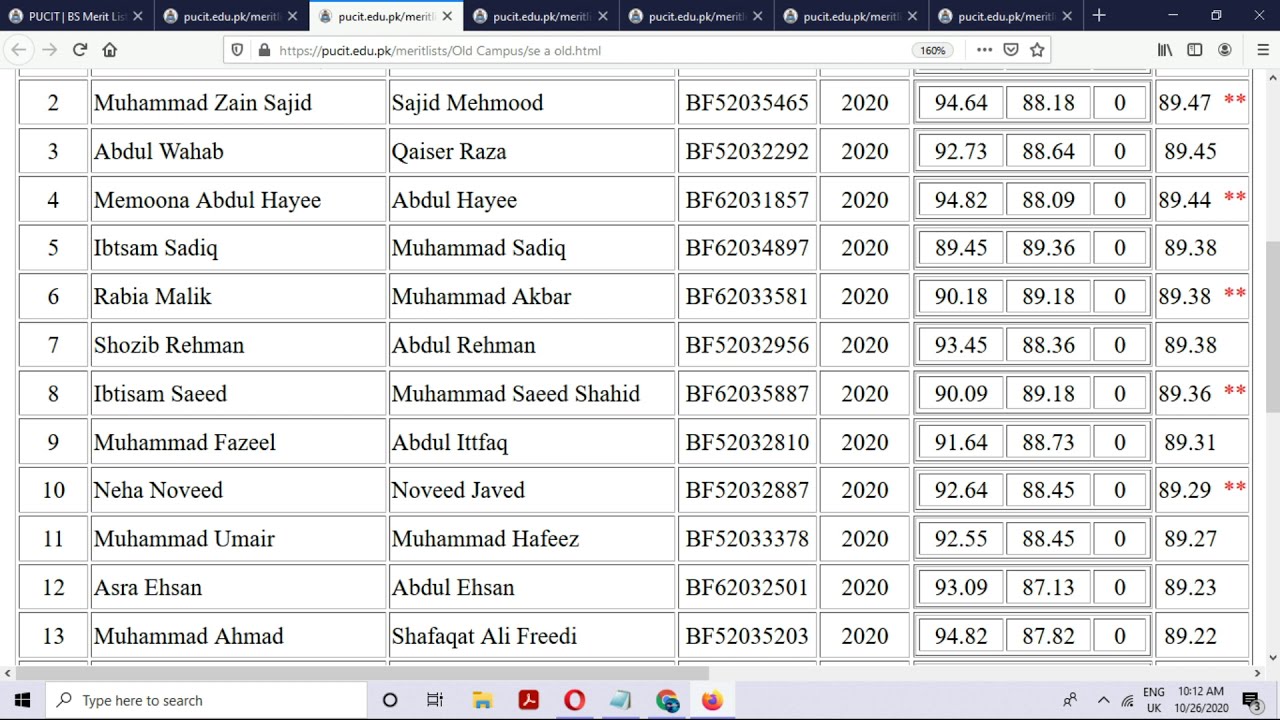 Third Merit List PUCIT OLD Campus Morning Afternoon 2020