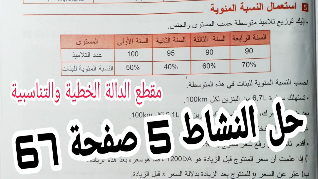 حل النشاط 5 صفحة 67 الدالة الخطية والتناسبية رياضيات رابعة متوسط الجيل الثاني