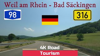 Driving Germany: A98 & B316 Weil am Rhein - Bad Säckingen - 4k scenic drive Rhein Valley