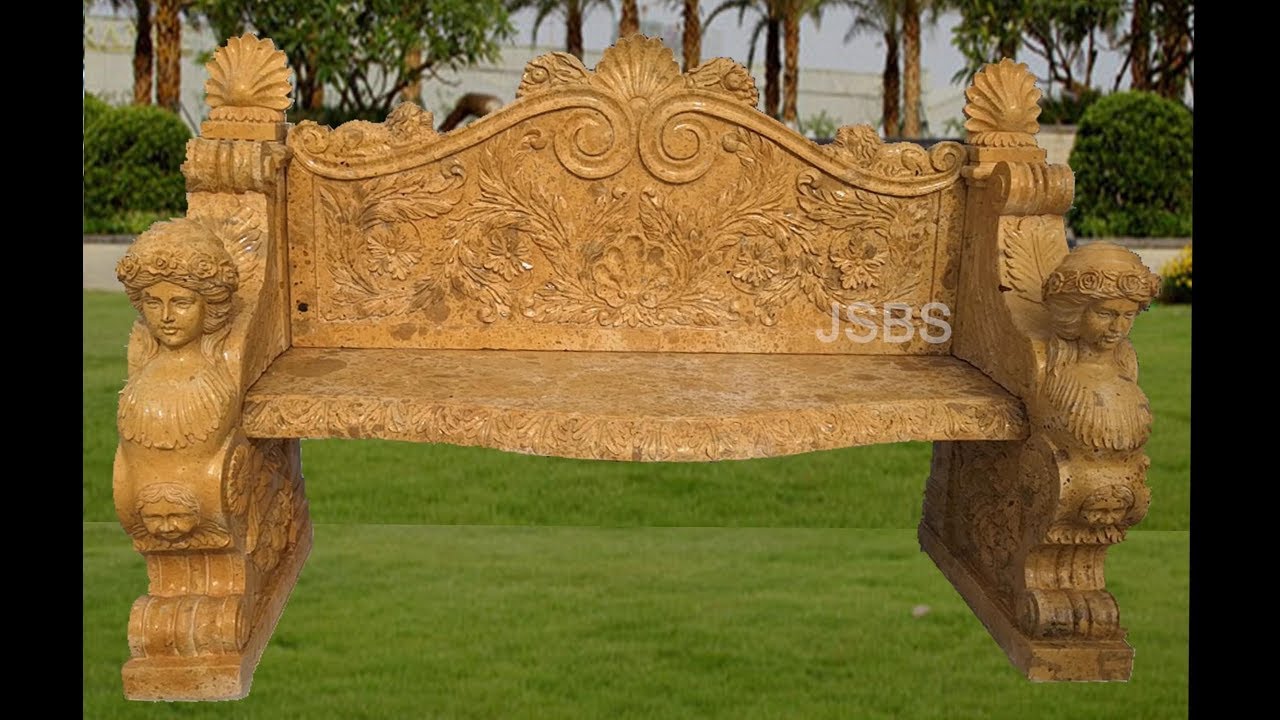 Wholesale Stone Carved Yellow Marble Lady Yard Long Bench with Back JSBS