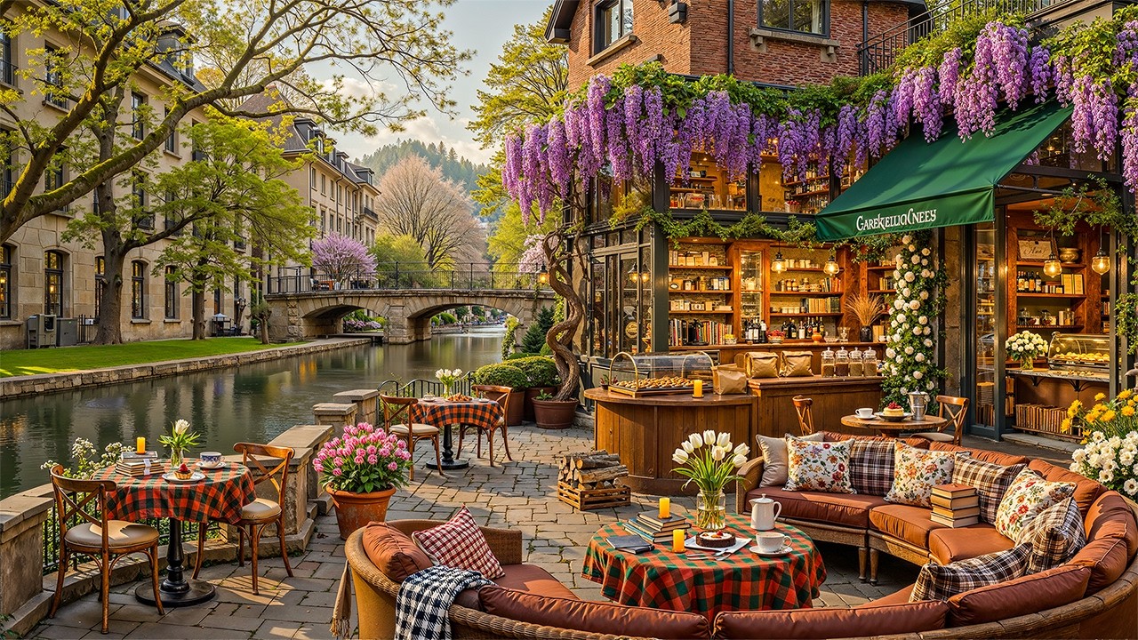 Warm Spring Jazz Music for Work, Study 🌿 Canalside Coffee Shop Ambience & Jazz Piano Melodies