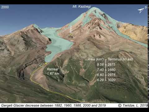 ანიმაციური რუკა რომელიც აჩვენებს გერგეთის მყინვარის შემცირებას