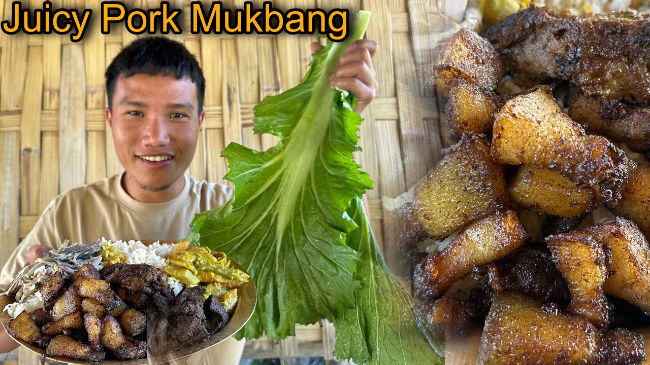 Eating Juicy 🤤Pork and Liver With Green Mustard Leaves  || Cooking and Eating Pork ❤️