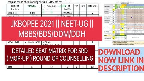 JKBOPEE || NEET-UG || MBBS/BDS/DDH/DDM || SEAT MATRIX FOR 3RD ROUND OF COUNSELLING ||