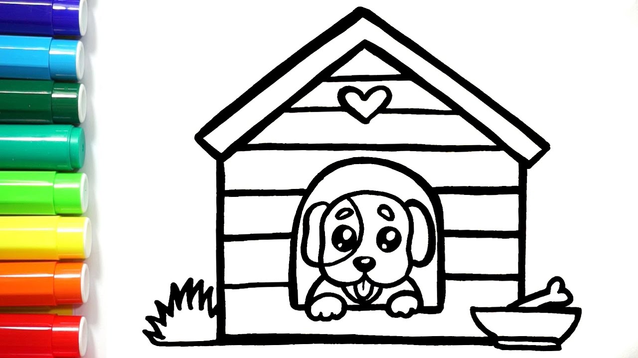 How to draw a dog house for children/Menggambar dan melukis rumah