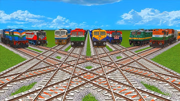 8 Colorful Different Trains Crazy Crossing on Double Crisscrossed Eight Diamond Line Railroad Track