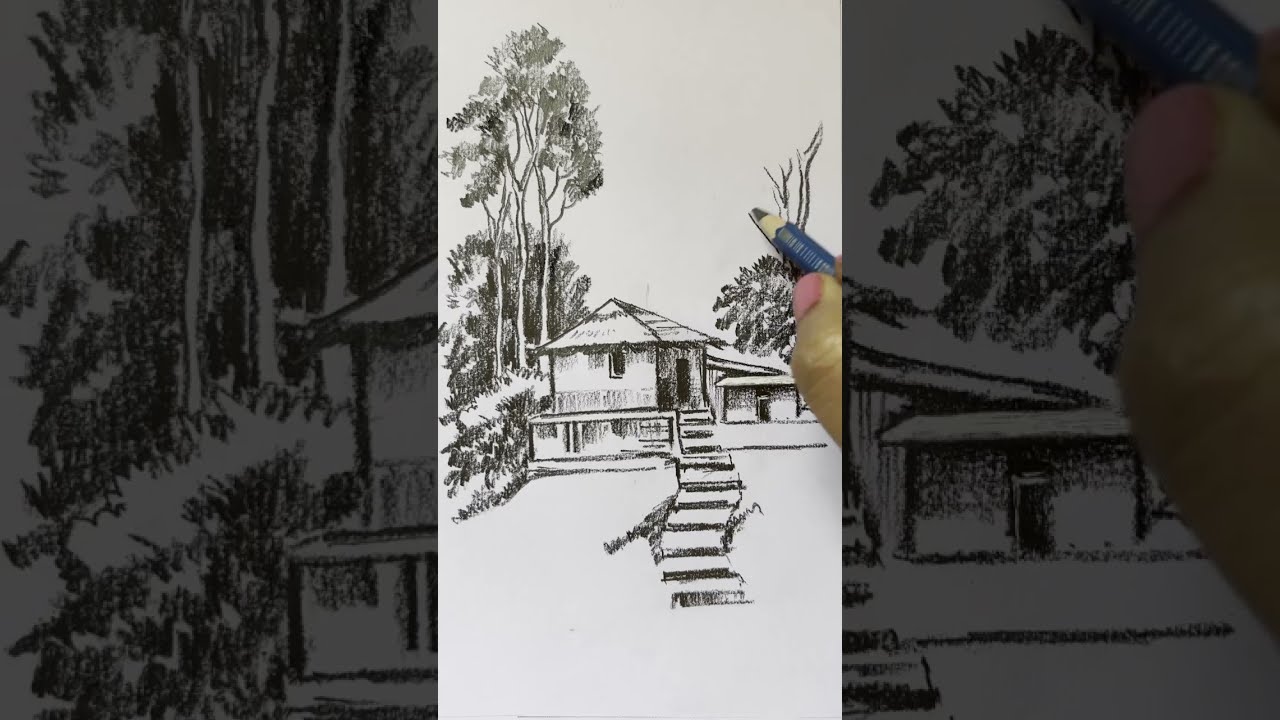 Stairway leading to a House amidst trees, basic landscape #pencilshading #landscapeart #housedrawing