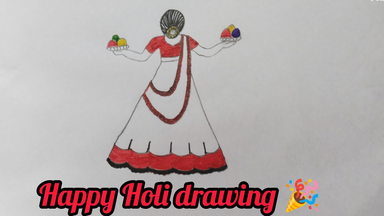 Holi drawing girl backside in beautiful dress easy drwaing step by step pencil skech with colour 