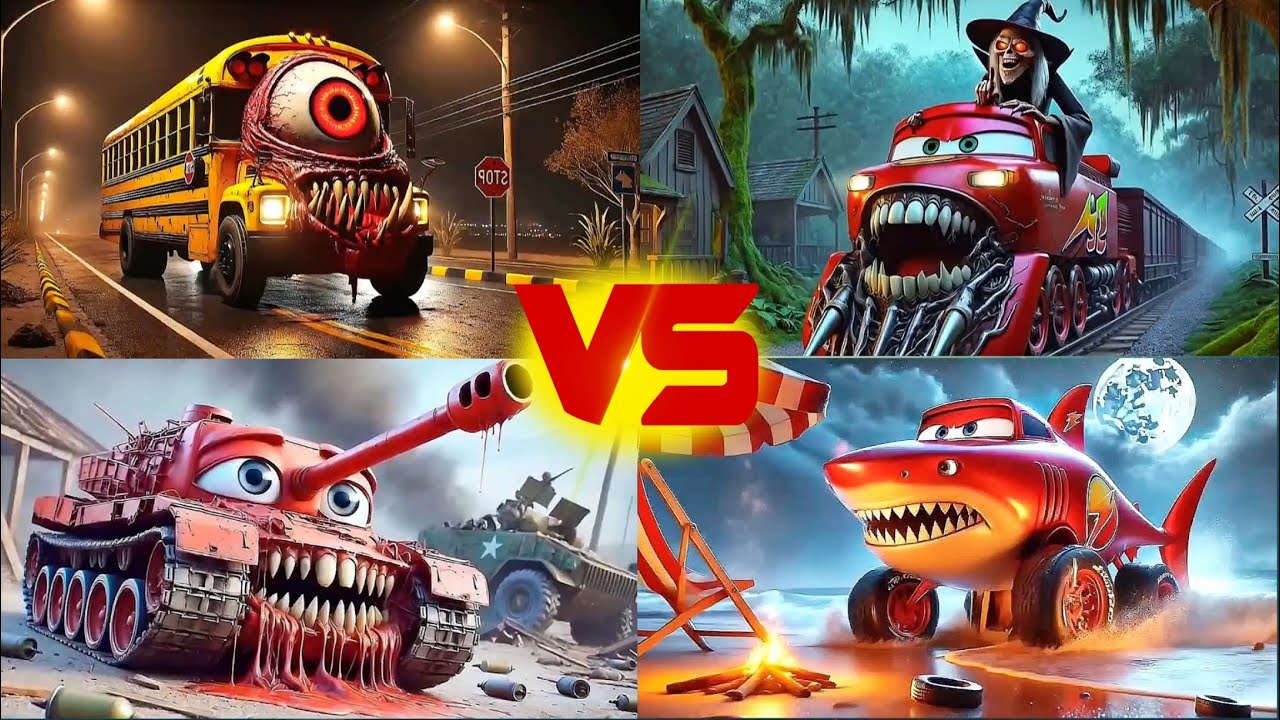 School Bus🆚 McQueen Train 🆚McQueen Tank 🆚McQueen Shark🆚 Tiles Hop EDM Rush