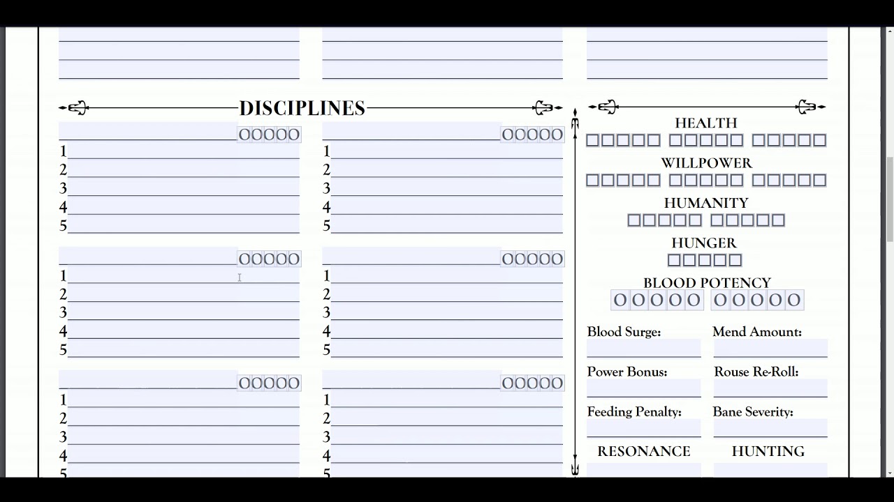 Vampire: The Masquerade Character Sheet