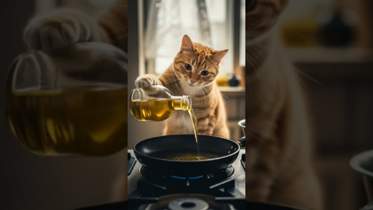 Orange Cat cooking a stir fry