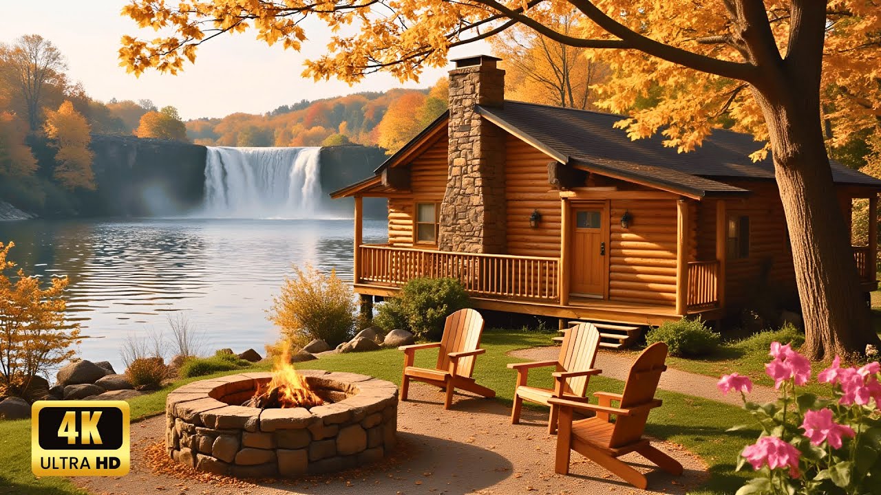 Cozy Autumn Lakeside Cabin by the Waterfall: Fire Pit and Relaxing ...