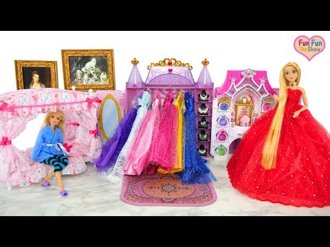 Prenses Barbie Rapunzel Bebek Yatak Odası Sabah Elbisees Makyaj