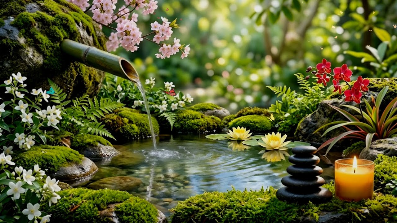 Gentle Piano & Bamboo Water Sounds for Deep Sleep, Relaxation and Calm Mind