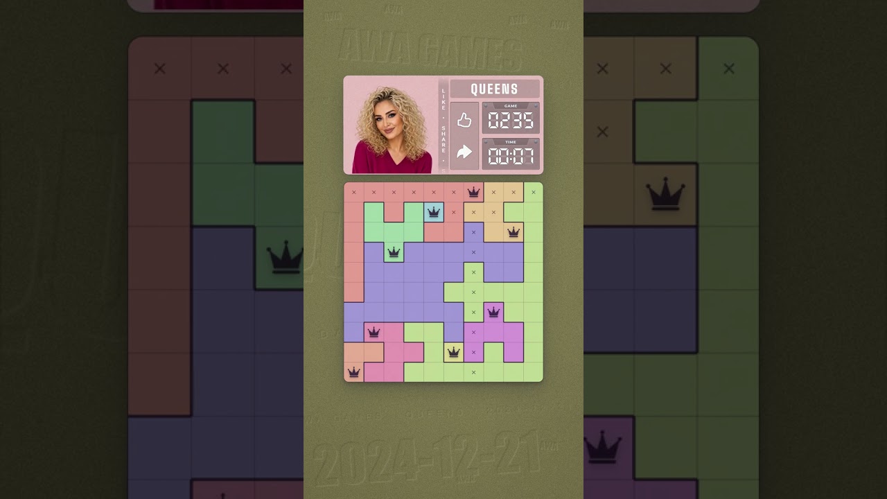 LinkedIn Queens #235 solved board for December 21, 2024, 10x10 grid
