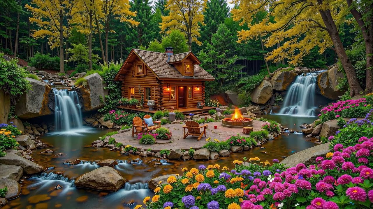 Tranquil Spring Riverside Cabin 🌲🌸 Calm Campfire, Gentle Piano & Nature Sounds for Sleep