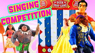 Moana & Beauty and The Beast Movie Disk Drop Game Singing Competition w Belle, Moana, Maui & Gaston!