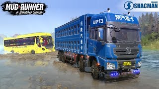 Spintires: MudRunner - SHAANXI DUMP TRUCK Tows a Bus Across The River