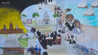 Retired HISD art teacher paints mural about Emancipation Proclamation ahead of Juneteenth