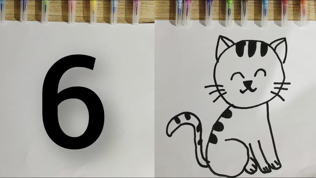 How to Draw a Cute CAT 😻 🐾with number ( 6 ) Sketch || Easy for Children and Kids || Cute CAT Drawing