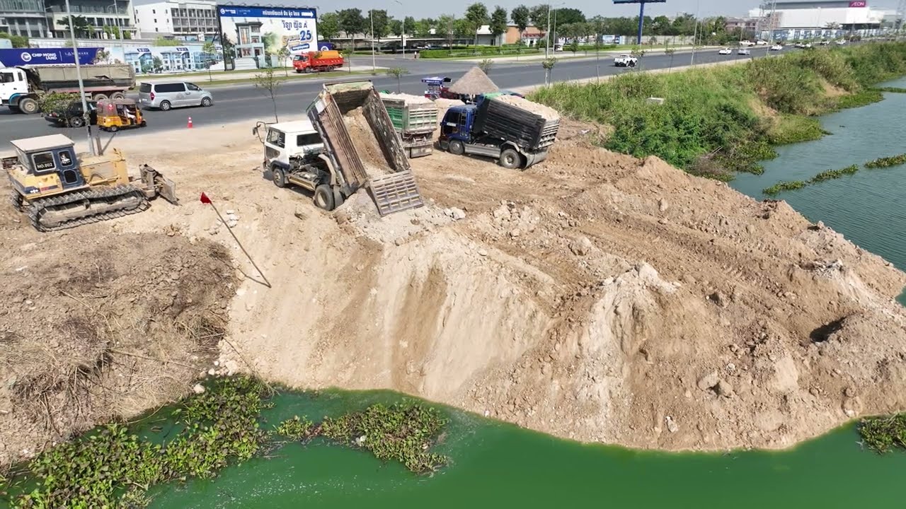 Perfect New Project Started Building Road on water by Team 5Ton Truck,KOMATSU Bulldozer Pushing soil