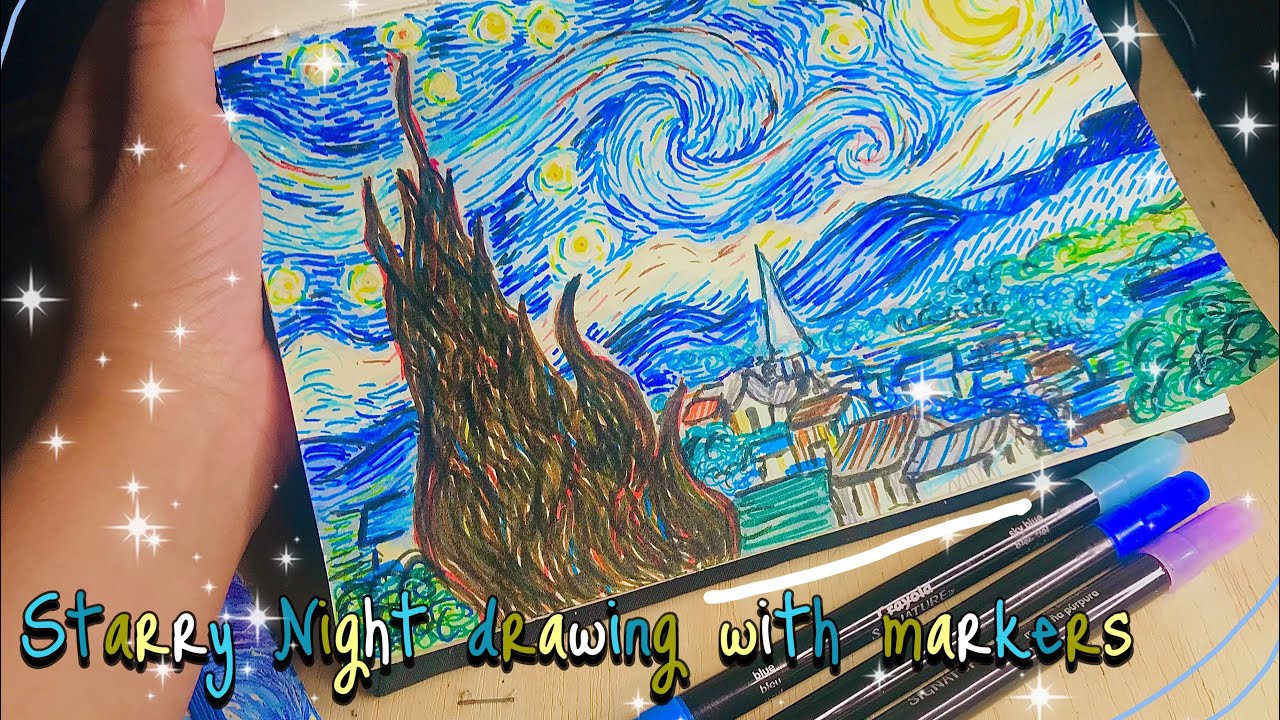 Easy Starry Night tutorial with Crayola Markers on art journal ...