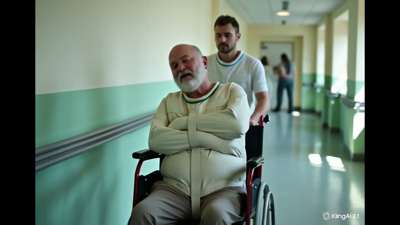 Straitjacket old man on a wheelchair in a Cuckoo Nest mental hospital with hospital orderly.