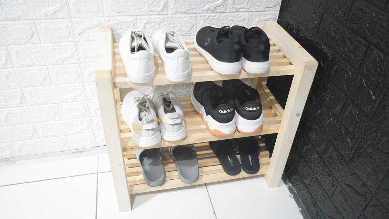 diy shoes rack - tutorial membuat rak sepatu dari kayu , mudah tanpa paku  biaya 100 ribuan