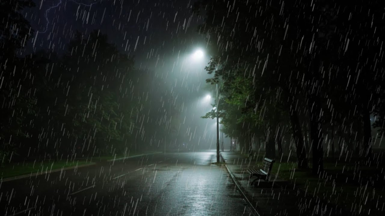 Deep Calm Nature Sounds of Heavy Rain on an Empty City Park Road at Night for Stress Relief Sleep