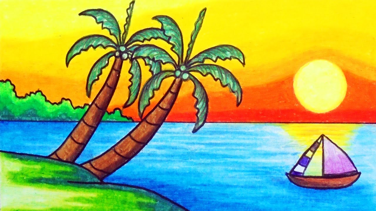 How to Draw Beautiful Scenery of Sunset with Oil Pastels | Easy Sunset ...