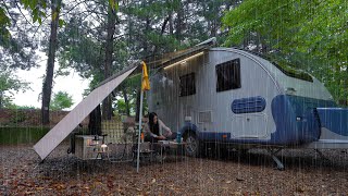 In a quiet, rainy forest, a cozy caravan and a small woodburning stove