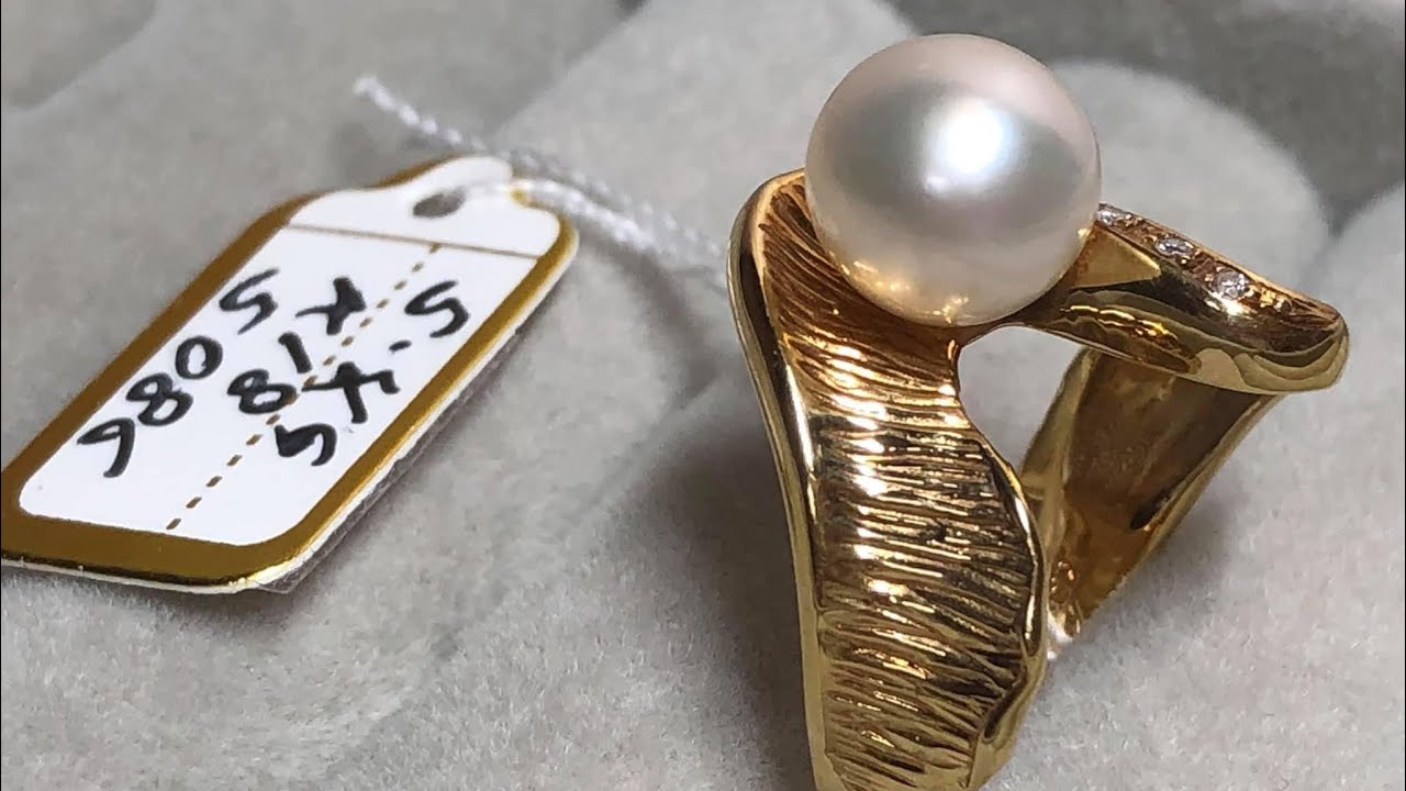 USED RING K18 PEARL  8.5mm DIAMOND 0.05/SIZE 11.5 JP/5.4g Code-5086