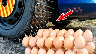 Эксперимент по шипованным шинам автомобиля против яиц