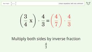 Linear equation with one unknown: Solve 3/4x=4/7 step-by-step solution
