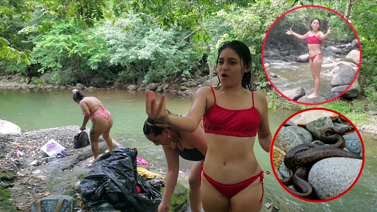 🔴-una serpiente duerme en las piedras de rio🐍😱 las chicas están muy asustadas 