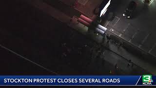 Crowd protests police brutality, blocking roads in Stockton. Here’s a LIVE aerial view: