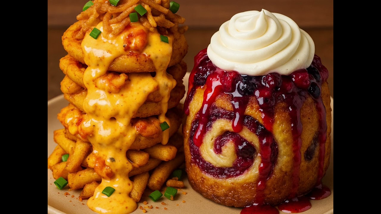 Cajun Crawfish Queso Fries Tower& Triple Berry Cheesecake Cinnamon Roll Bomb